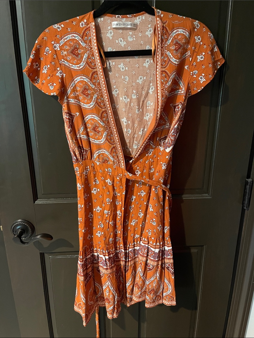 Saints + Secrets Orange Paisley Wrap Mini Dress